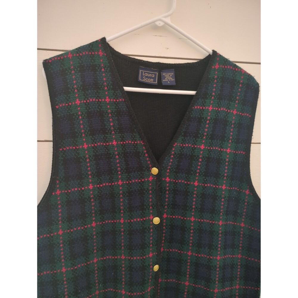 Vintage Laura Scott plaid sweater vest gold buttons winter fall layering large